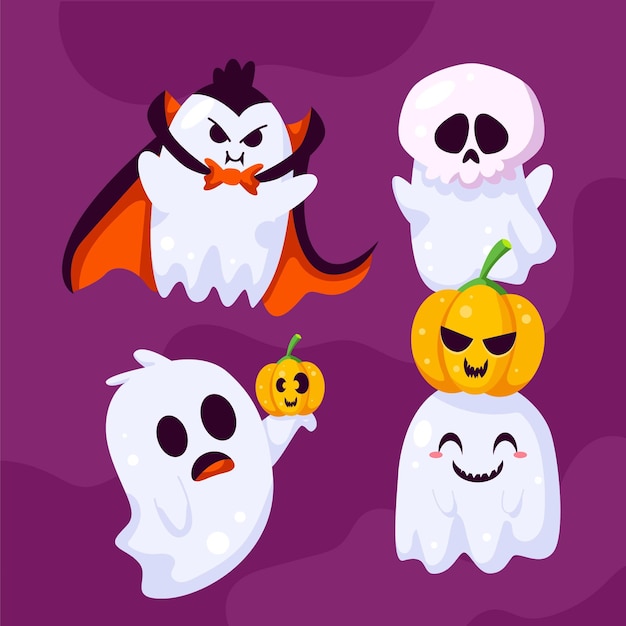 無料ベクター フラットハロウィンゴーストコレクション