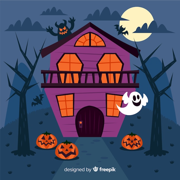 Free vector flat halloween haunted house with pumpkins