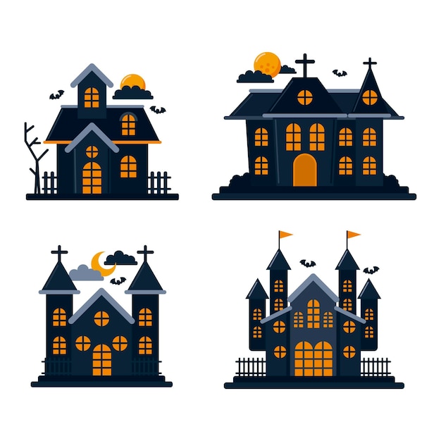 Flat halloween haunted houses collection