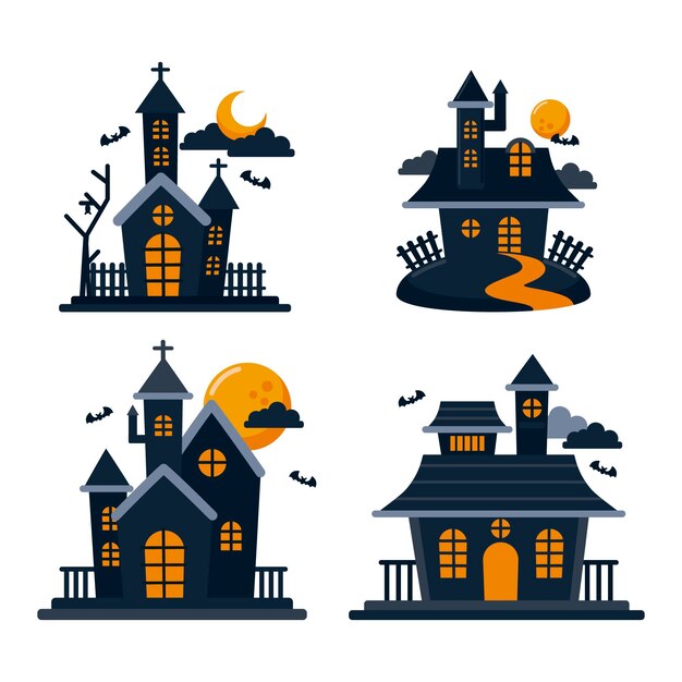 Flat halloween haunted houses collection