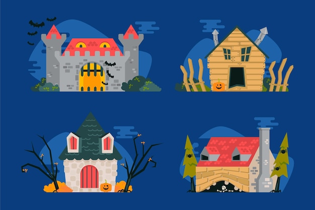 Плоская коллекция домов с привидениями на хэллоуин