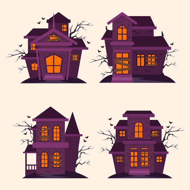 Flat halloween haunted houses collection