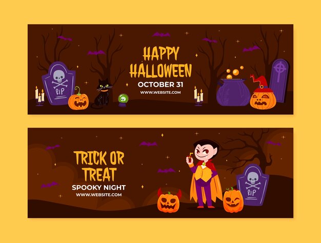 Flat halloween horizontal banners set