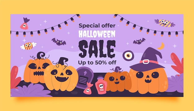 Бесплатное векторное изображение Плоский шаблон баннера горизонтальной продажи хэллоуина