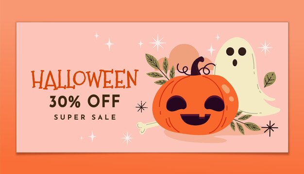 Flat halloween horizontal sale banner template