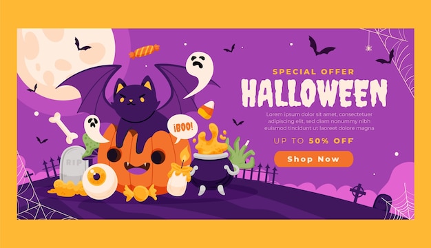 Modello di banner di vendita orizzontale piatto di halloween