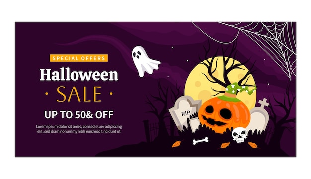 Flat halloween horizontal sale banner template