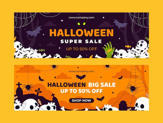 Vettore gratuito set di banner di vendita orizzontale piatto di halloween