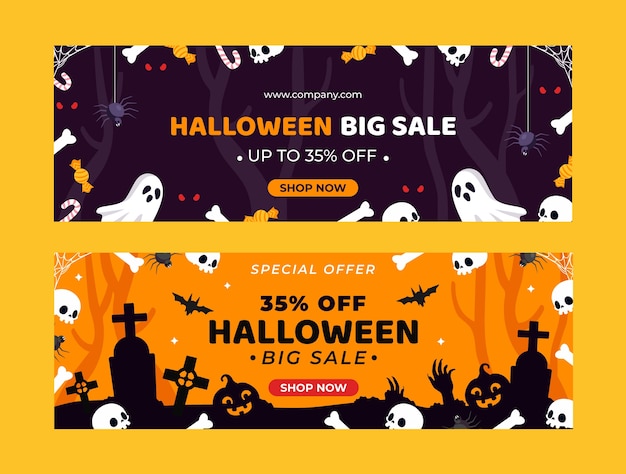 Vettore gratuito set di banner di vendita orizzontale piatto di halloween