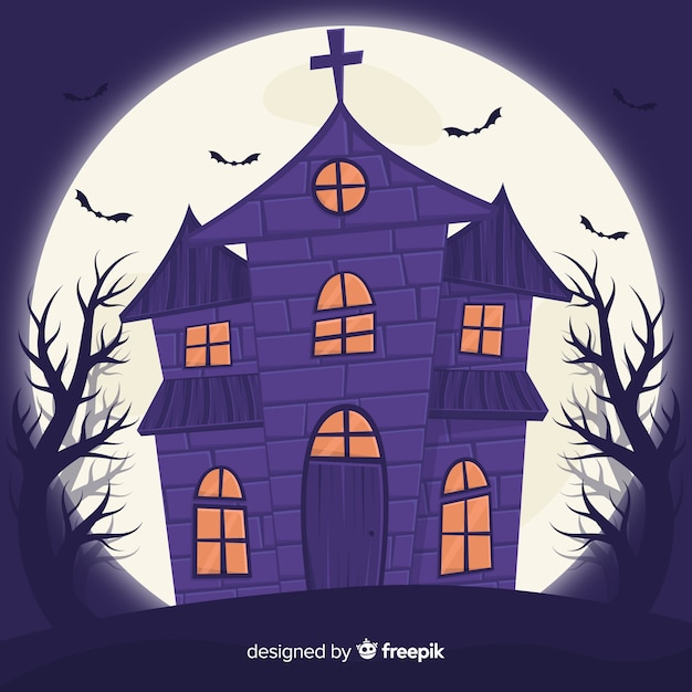 Flat halloween house and full moon behind it