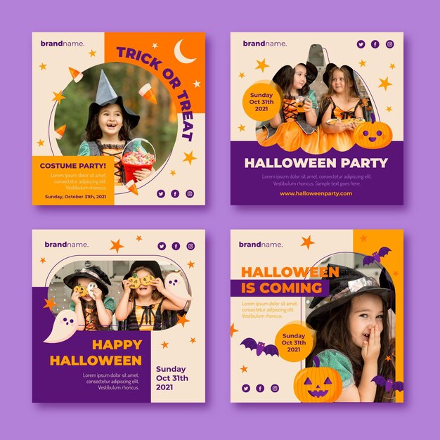 Flat halloween instagram posts collection with photo