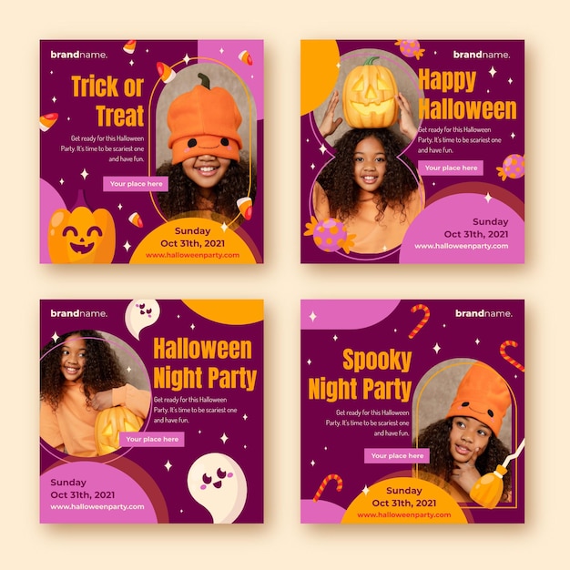 Free vector flat halloween instagram posts collection with photo