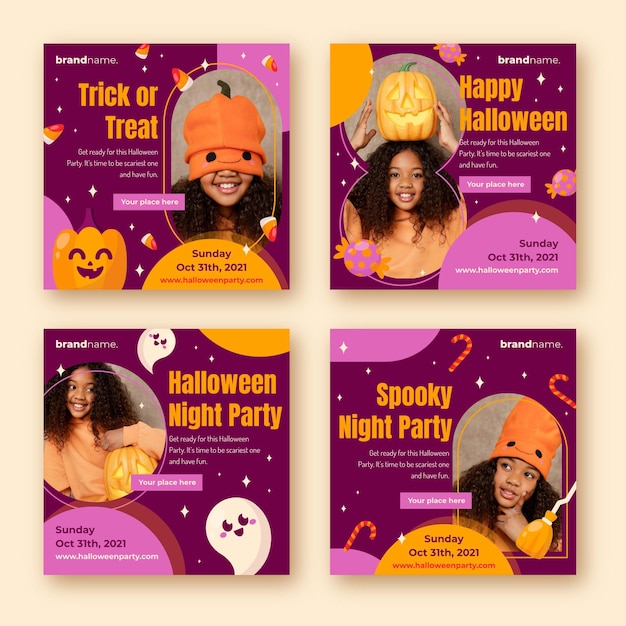 Flat halloween instagram posts collection with photo