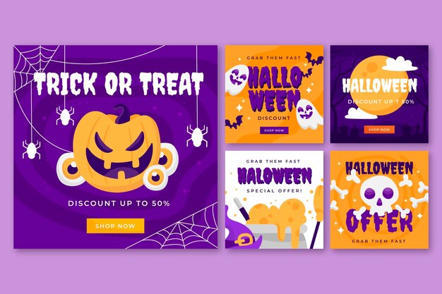 Flat halloween instagram posts collection