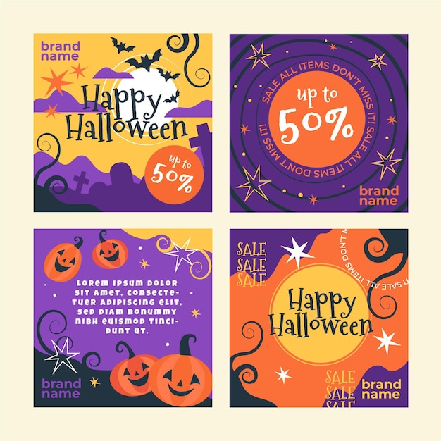 Vettore gratuito collezione di post di instagram di halloween piatto