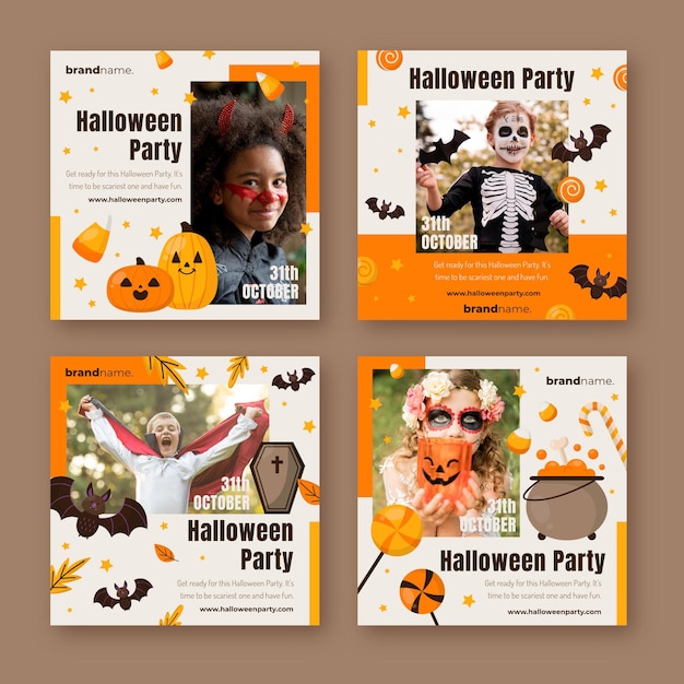 Vettore gratuito collezione di post di instagram di halloween piatto