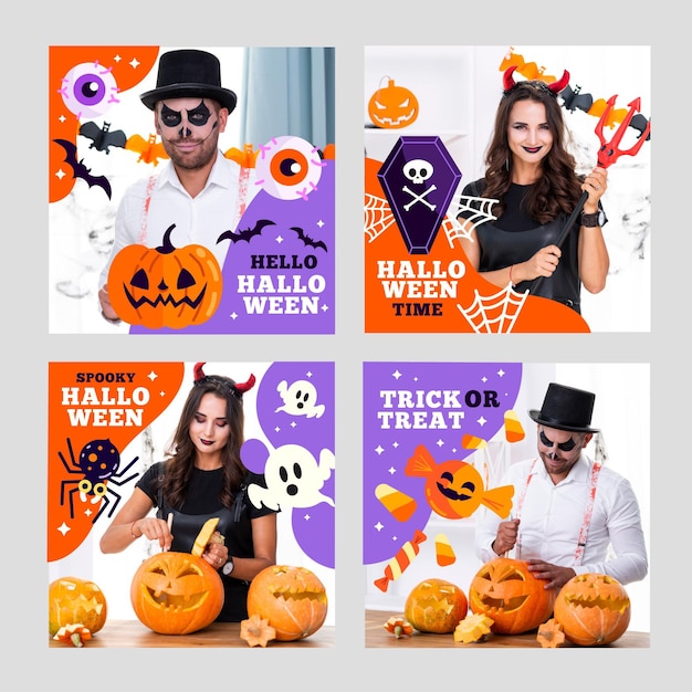 Vettore gratuito collezione di post di instagram di halloween piatto