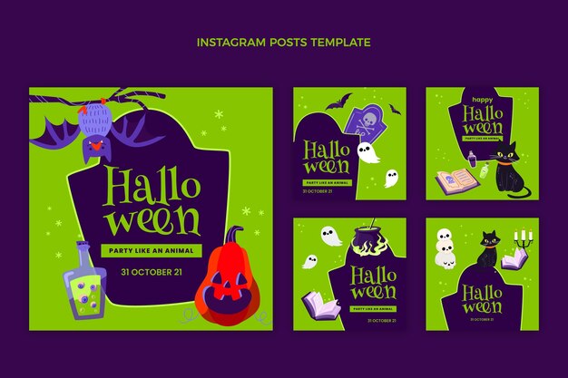 Free vector flat halloween instagram posts collection