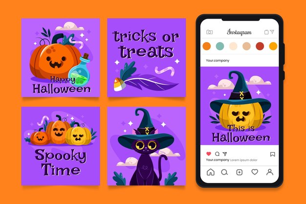 Flat halloween instagram posts collection