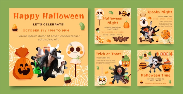 Free vector flat halloween instagram posts collection