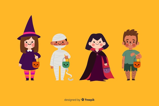 Flat halloween kid collection on yellow background