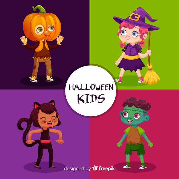 Pacchetto di personaggi per bambini halloween piatto