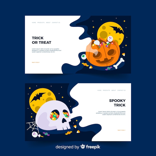 Free vector flat halloween landing page with pumpkin and skull