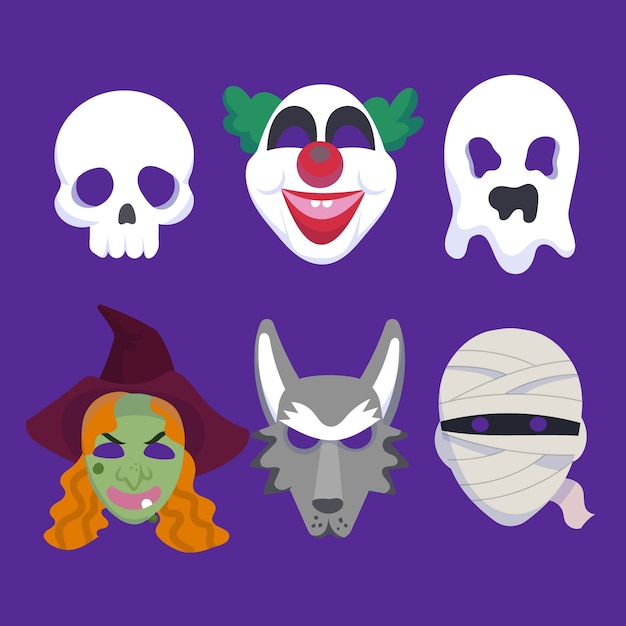 Бесплатное векторное изображение Коллекция плоских масок хэллоуина