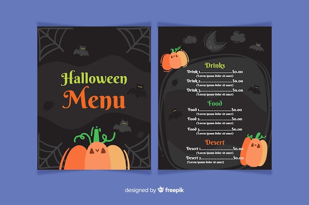 Modello di menu piatto di halloween con zucca e ragnatela