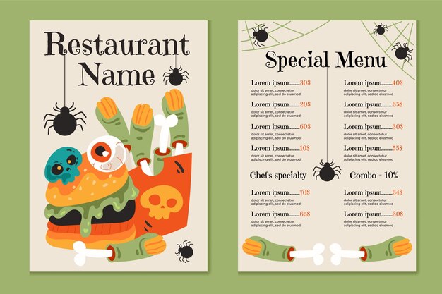 Vettore gratuito modello di menu piatto di halloween