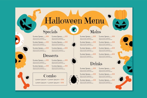 Vettore gratuito modello di menu piatto di halloween