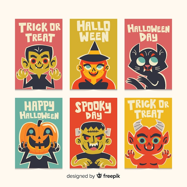 Flat halloween monster card collection