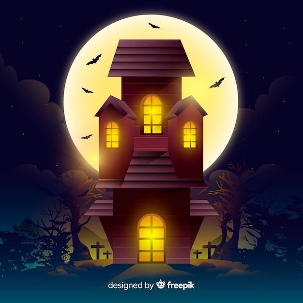 Free vector flat halloween party house on a full moon night