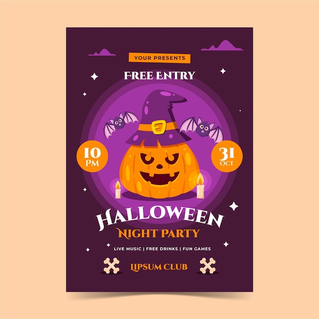 無料ベクター フラットハロウィンパーティー縦長ポスターテンプレート