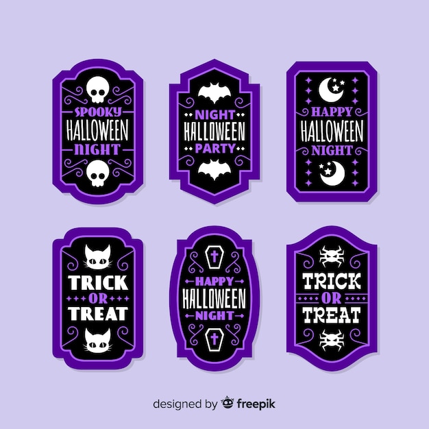 Vettore gratuito collezione di badge di vendita piatto halloween in viola