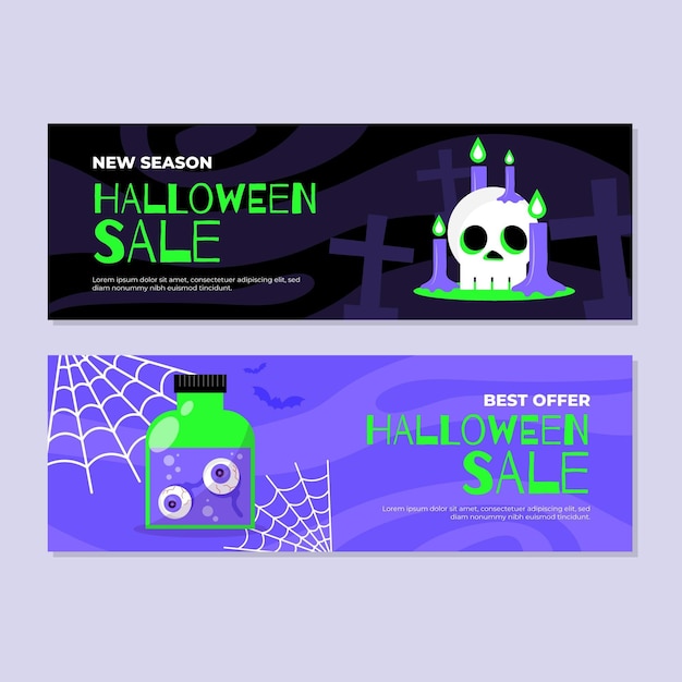 Vettore gratuito set di banner orizzontali di vendita piatta di halloween