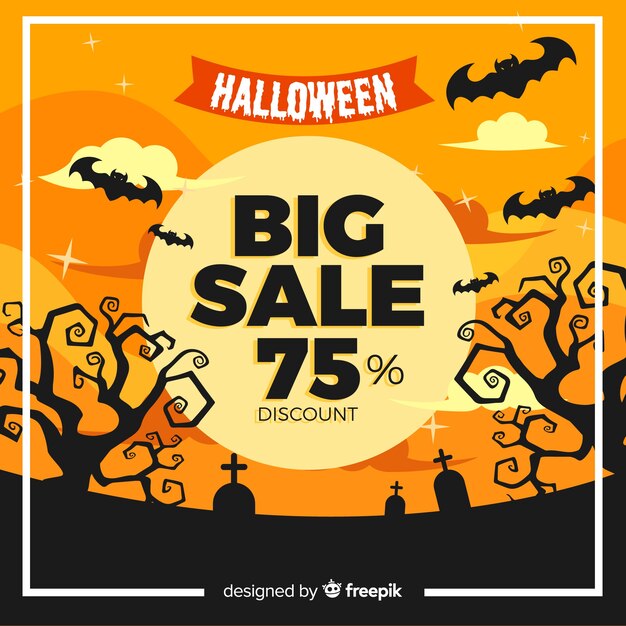 Flat halloween sale with bats in a graveyard