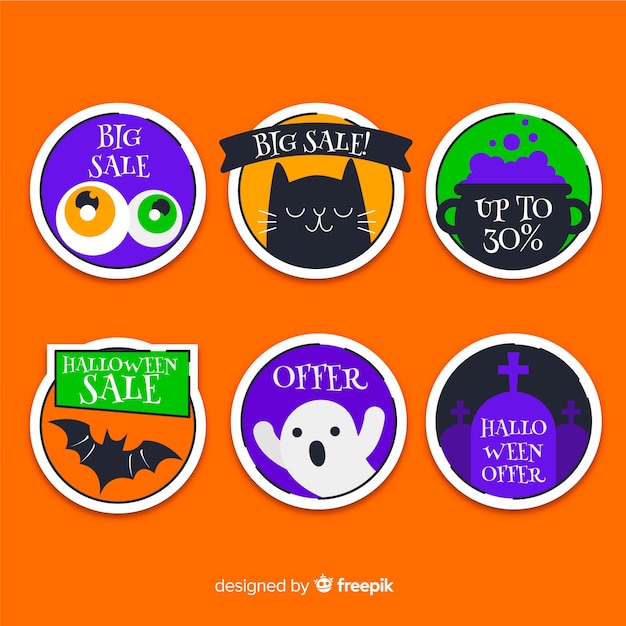 Flat halloween sale with round label collection