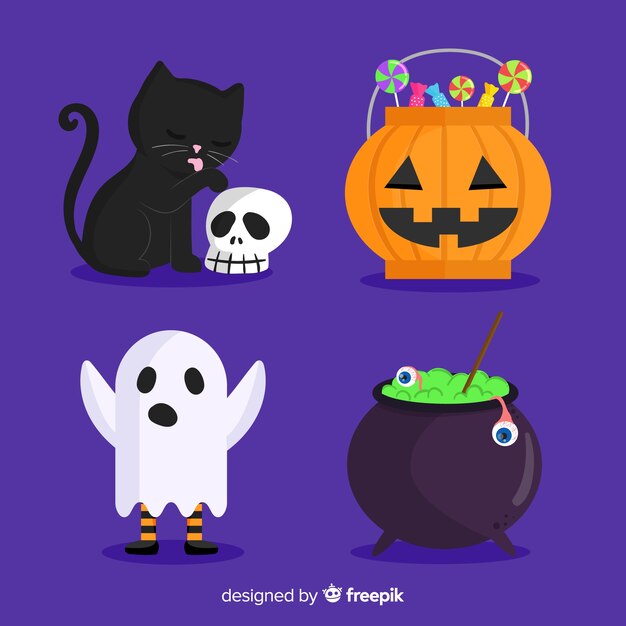 青の背景にかわいい要素のフラットハロウィーンセット