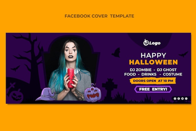 Vettore gratuito modello di copertina per social media di halloween piatto