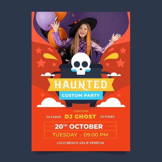 Flat halloween vertical party flyer template with photo