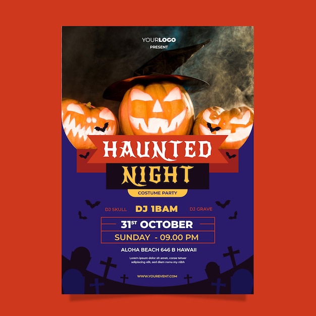 Flat halloween vertical party flyer template with photo