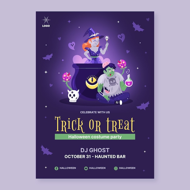 Vettore gratuito modello di poster verticale piatto di halloween