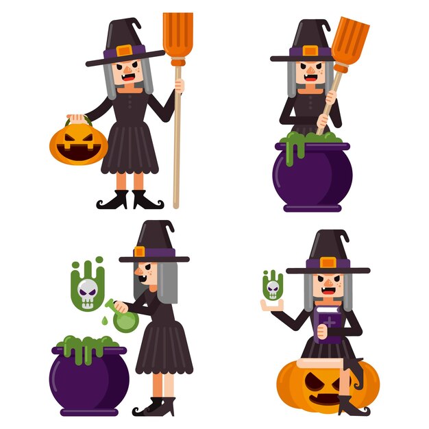 Flat halloween witches collection