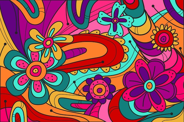 Flat-hand drawn acid colored groovy background