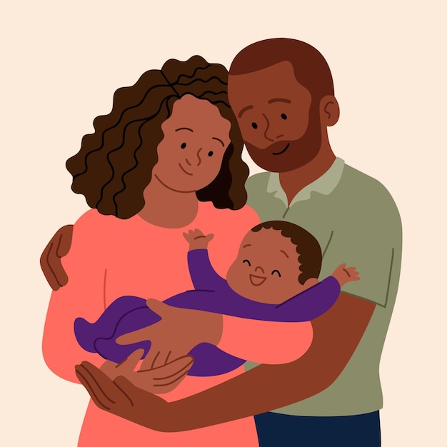 Flat-hand drawn black family illustration with a baby