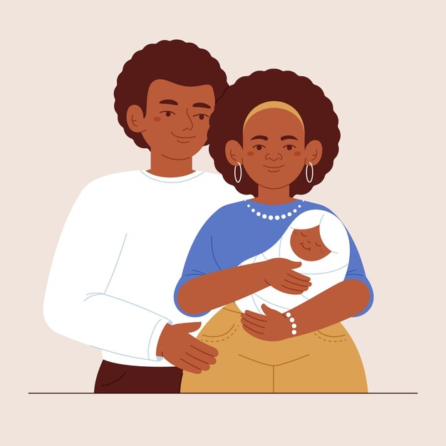 Плоская рисованная черная семейная иллюстрация с ребенком