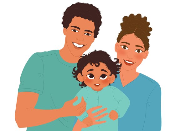 Flat-hand drawn black family with a baby illustration