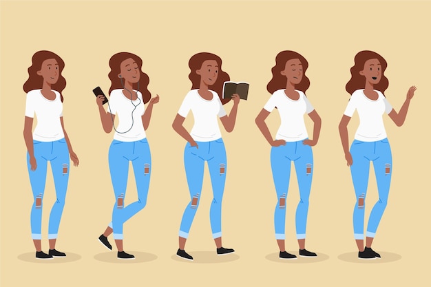 Free vector flat-hand drawn black girl in different poses collection