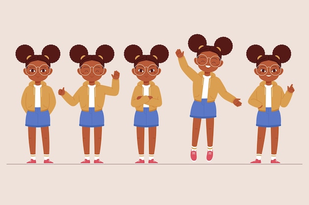 Free vector flat-hand drawn black girl in different poses collection